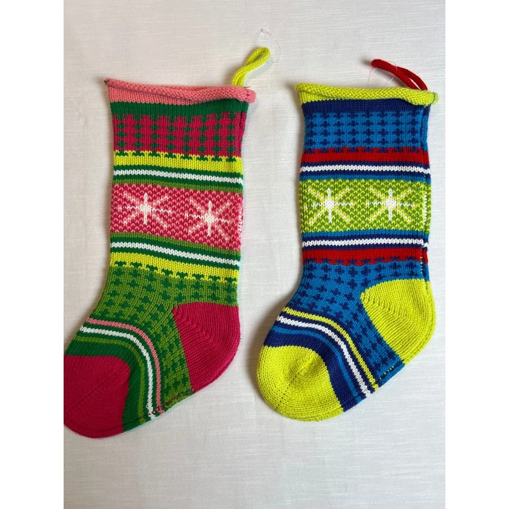 Set of 2 Colorful Knit Christmas Stockings Snowflake Stripes Pink Blue Green